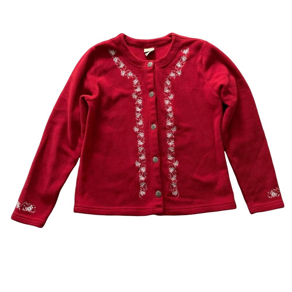 L.L. Bean Women's Vintage Fleece Cardigan Sweater Jacket Red Small Embroidered